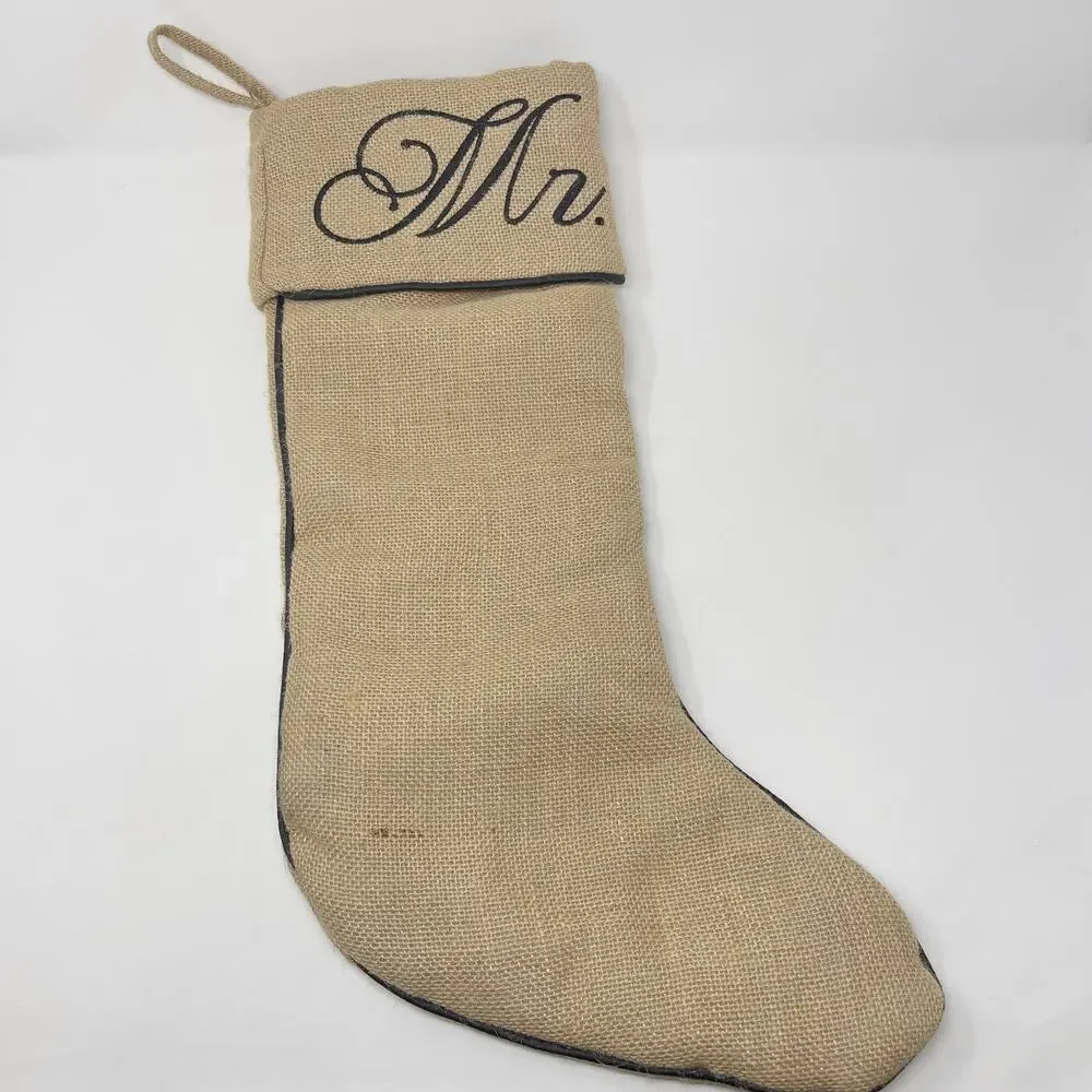 Storehouse Burlap Mr & Mrs Holiday Christmas Stockings Set of 2 Beige Black Trim